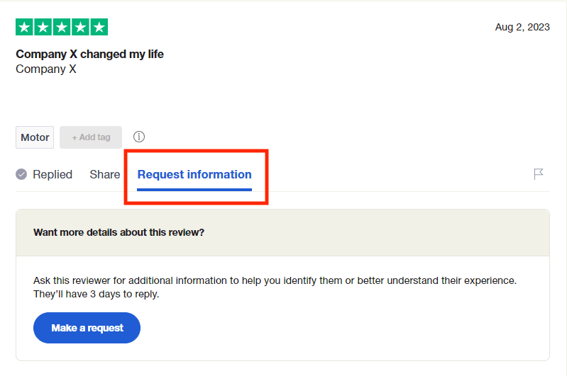 Screenshot of the Trustpilot Business account showing a review with a highlighted red 'Request Information' button below. Accompanying text advises asking additional information from the reviewer within 3 days. Below this, a 'Make a Request' button is also visible.