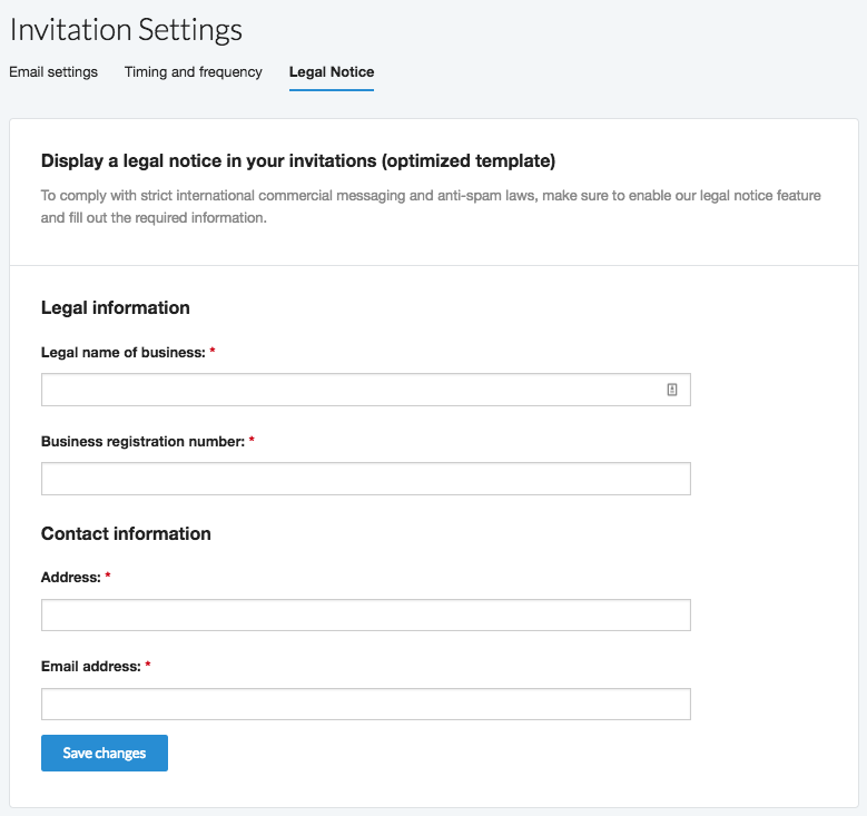 Interfaz de Trustpilot Business mostrando la configuración de invitaciones para un aviso legal