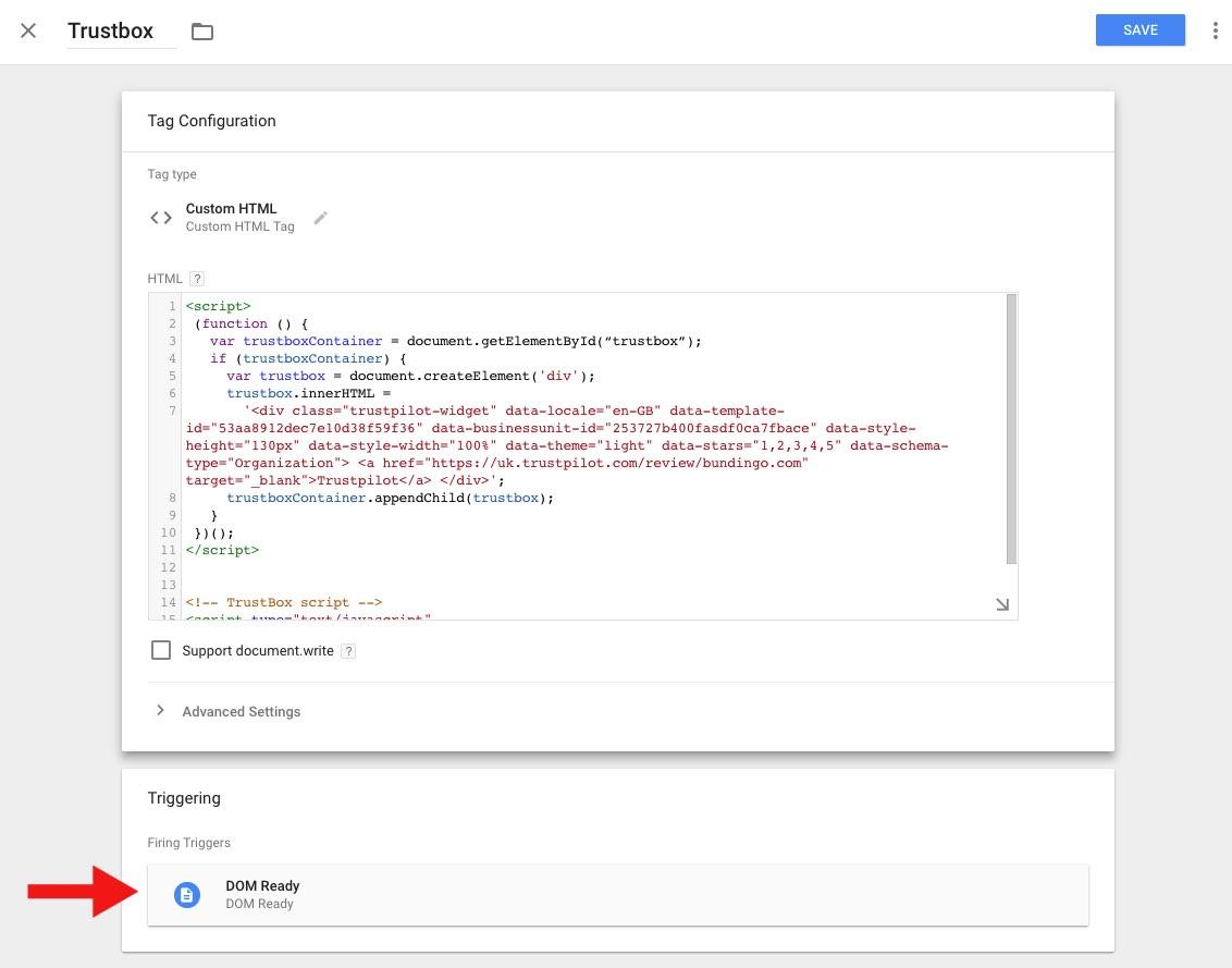 Google Tag Manager-plattform för tillägg av en DOM-klar utlösare som aktiveringsutlösare