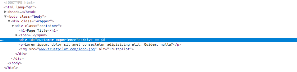 Voorbeeld van HTML-code voor bestaande container
