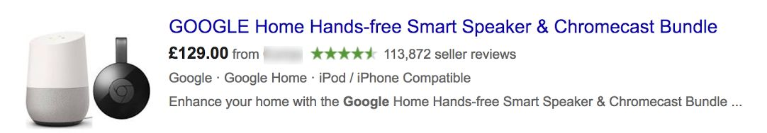 Exempel på säljaromdöme i annonser på Google Shopping