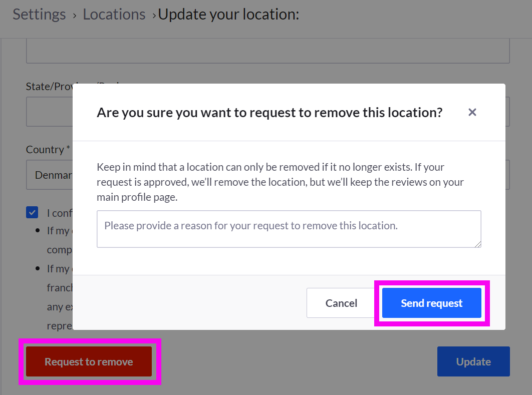 Trustpilot Business request to remove a location form