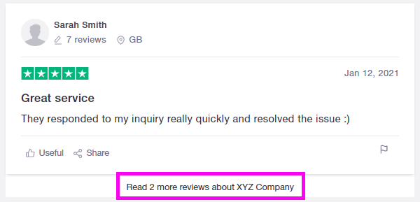 Eksempel på en anmeldelse med et fremhævet link, hvor der står 'Læs 2 anmeldelser mere af virksomhed XYZ'